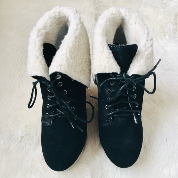 nwt y2k naughty monkey lace up sherpa wedge black suede ankle booties - Picture 5 of 8